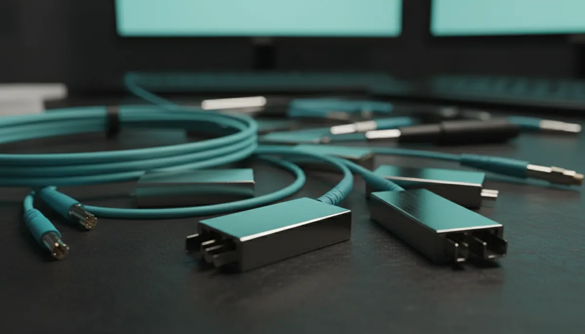 Оптические SFP-модули и патч-корды с разъёмами LC на столе инженера