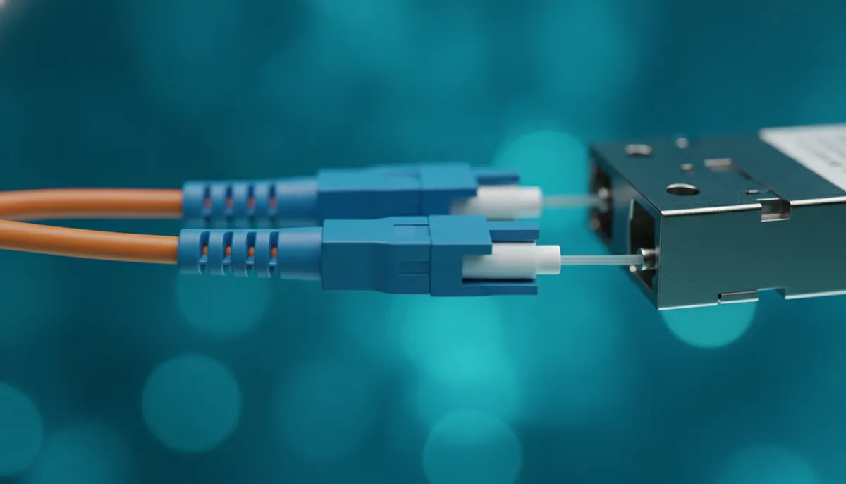 Оптические разъёмы LC подключены к SFP-модулю крупным планом